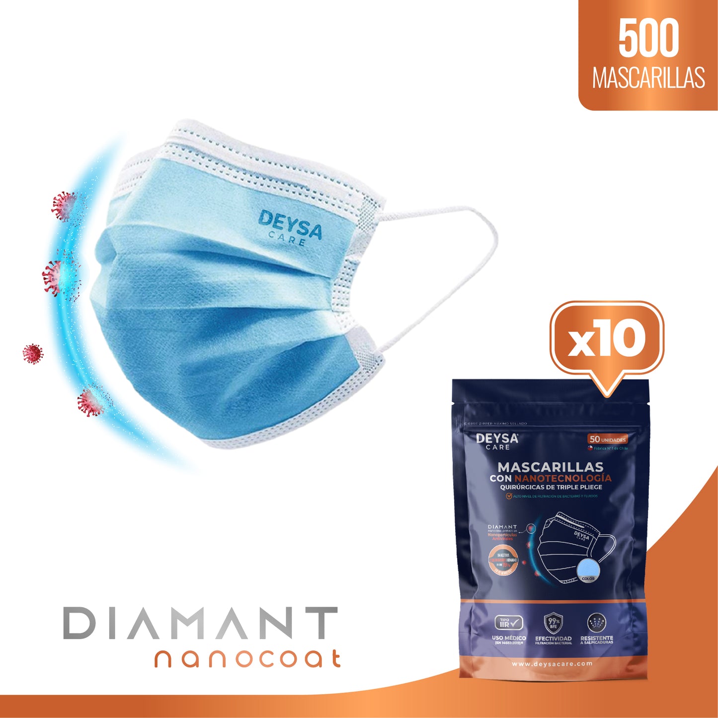 Mascarilla Triple Pliegue Diamant Nanocoat Deysa Care® 10 envases resellables