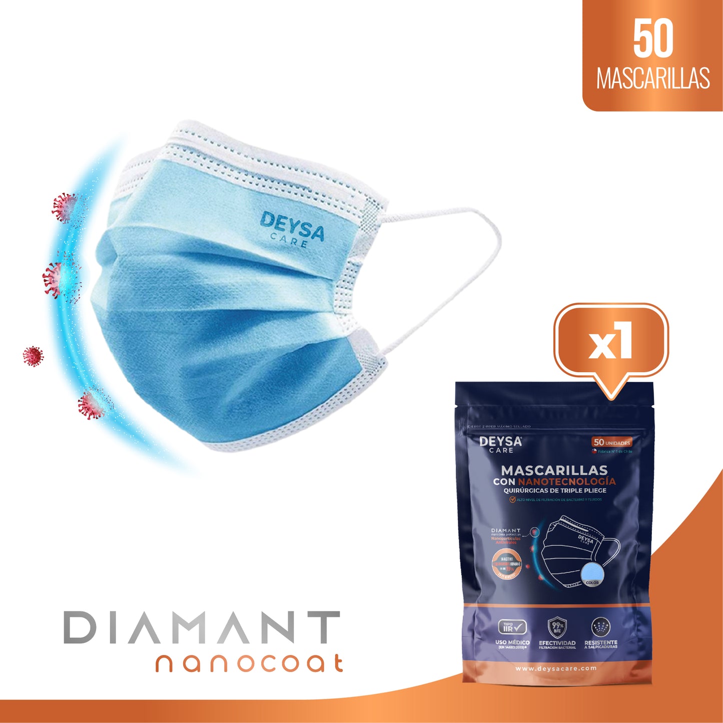 Mascarilla Triple Pliegue Diamant Nanocoat Deysa Care® 1 envase resellable