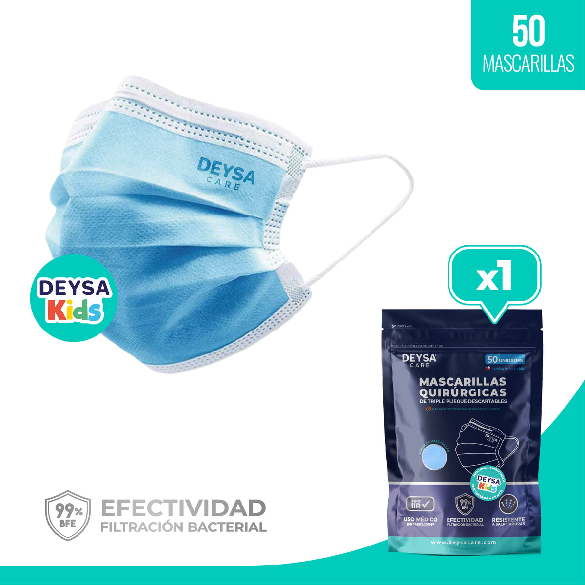 Mascarilla Triple Pliegue KIDS Deysa Care® 1 Env. Resellable