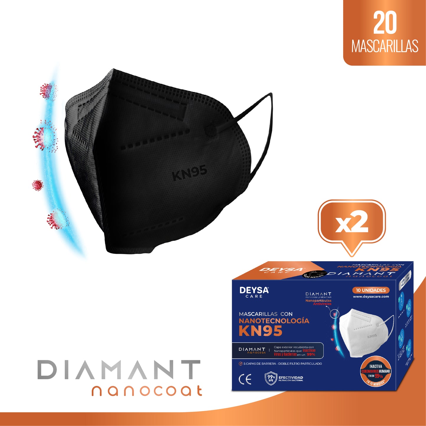Mascarilla KN95 Deysa Care® Diamant Nanocoat – 2 Cajas