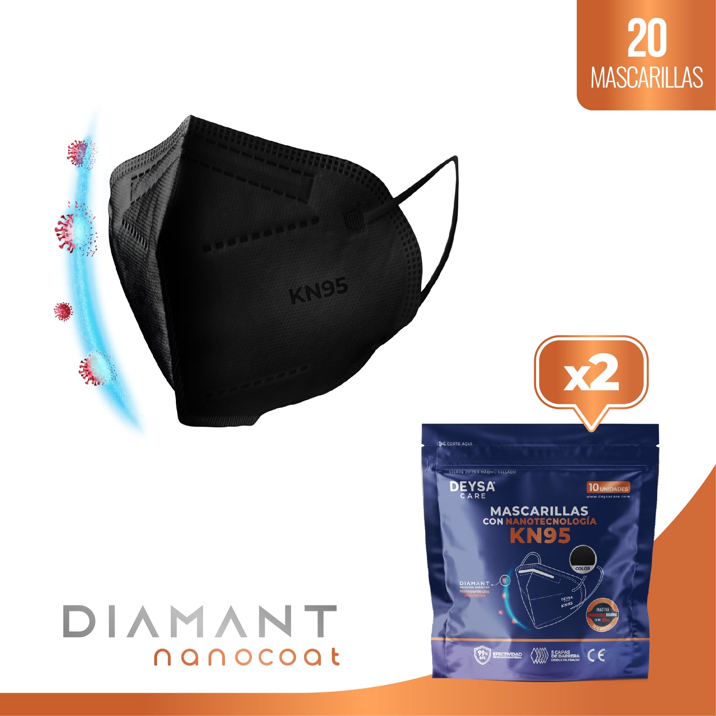 Mascarilla KN95 Deysa Care® - Diamant Nanocoat - 2 Envases Resellables